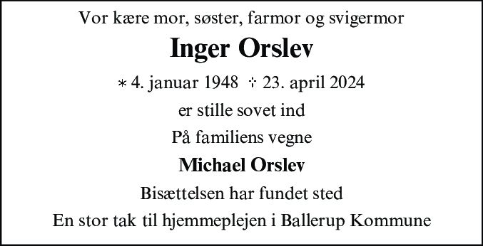 Dødsannonce for Inger Orslev