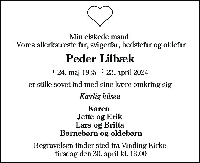 Dødsannonce for Peder Lilbæk