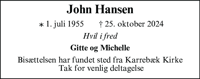 Dødsannonce for John Hansen