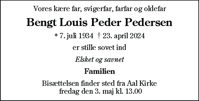 Dødsannonce for Bengt Louis Peder Pedersen