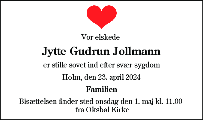 Dødsannonce for Jytte Gudrun Jollmann