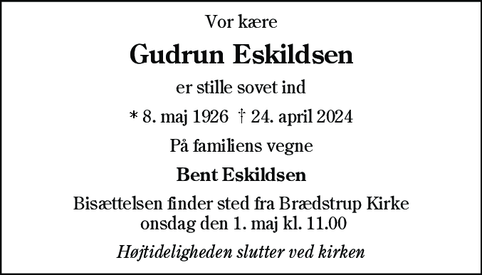 Dødsannonce for Gudrun Eskildsen