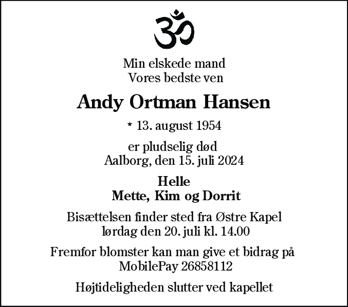 Dødsannonce for Andy Ortman Hansen