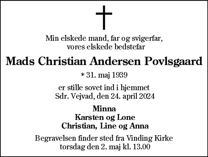 Dødsannonce for Mads Christian Andersen Povlsgaard