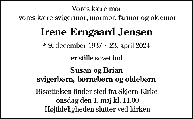 Dødsannonce for Irene Erngaard Jensen