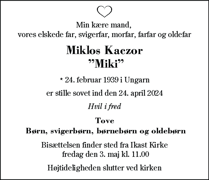 Dødsannonce for Miklos Kaczor