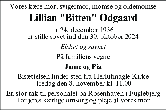 Dødsannonce for Lillian Irene Odgaard