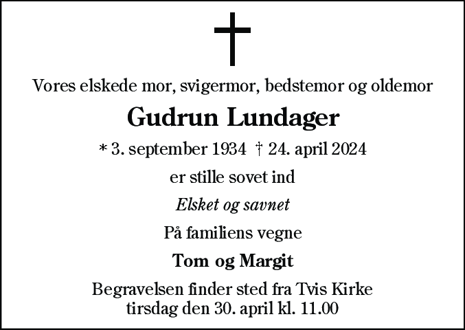 Dødsannonce for Gudrun Lundager