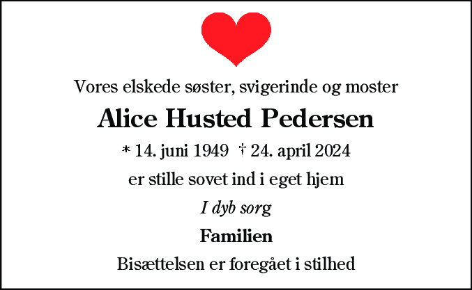 Dødsannonce for Alice Husted Pedersen