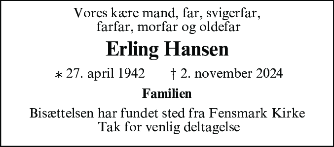 Dødsannonce for Erling Hansen