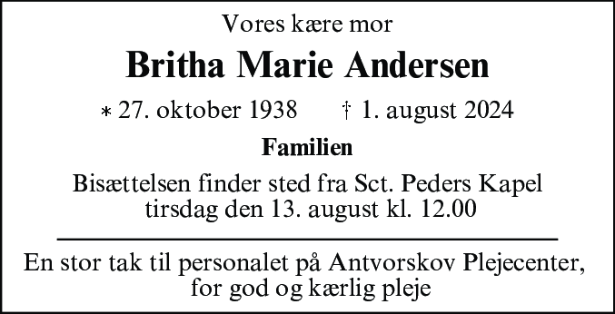 Dødsannonce for Britta Marie Andersen