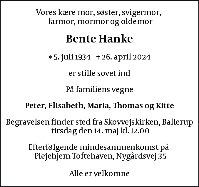 Dødsannonce for Bente Hanke