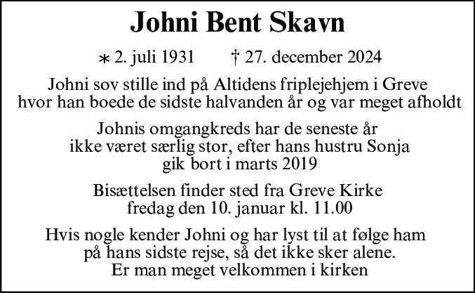 Dødsannonce for Johni Bent Skavn