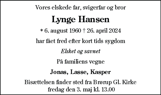 Dødsannonce for Lynge Hansen