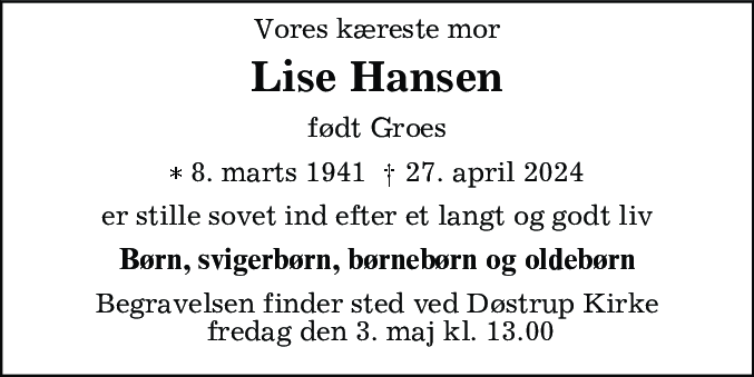 Dødsannonce for Lise Hansen