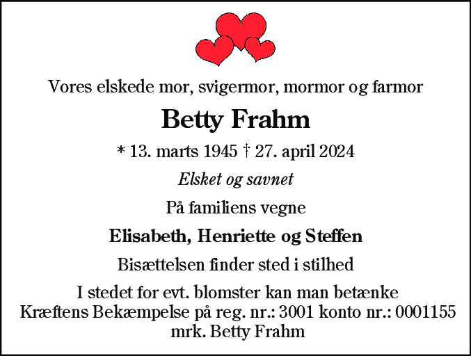 Dødsannonce for Betty Frahm