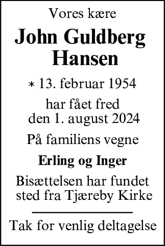 Dødsannonce for John Guldberg Hansen