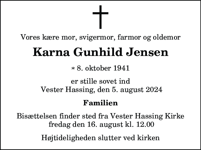 Dødsannonce for Karna Gunhild Jensen