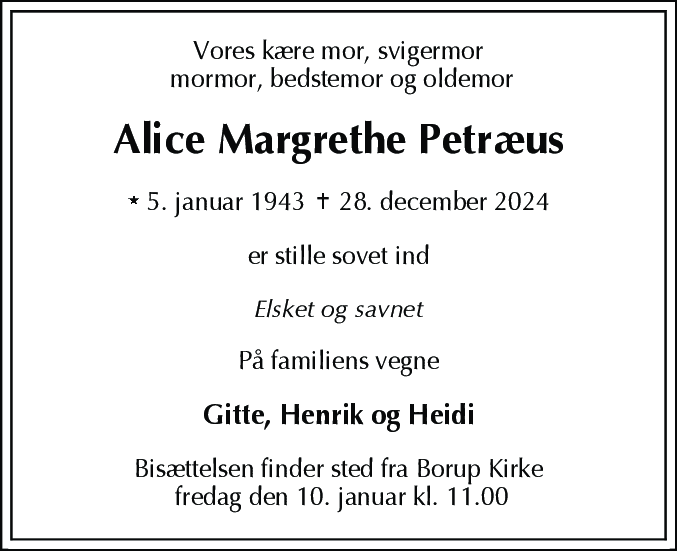 Dødsannonce for Alice Margrethe Petræus