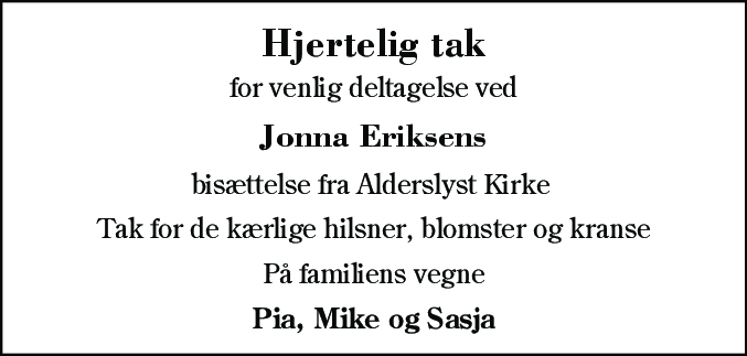 Dødsannonce for Jonna Eriksen