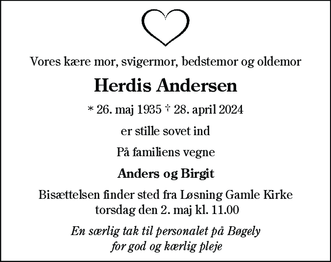Dødsannonce for Herdis Andersen
