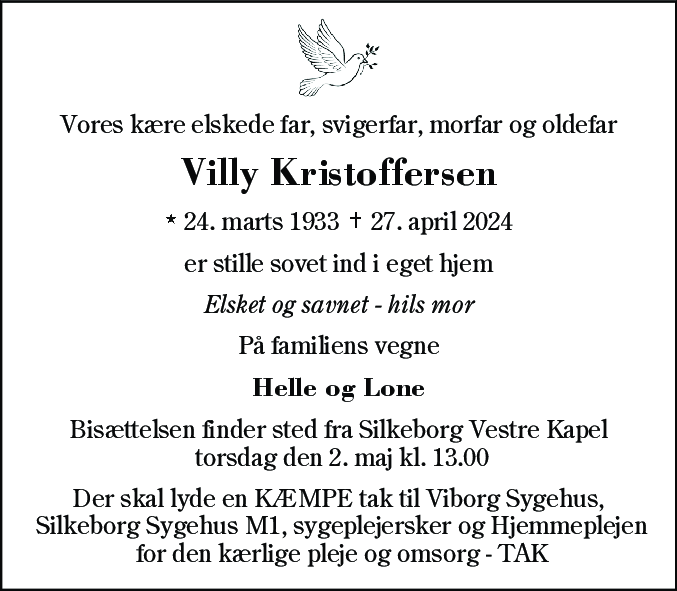Dødsannonce for Villy Kristoffersen
