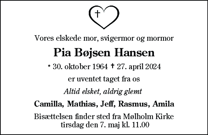 Dødsannonce for Pia Bøjsen Hansen