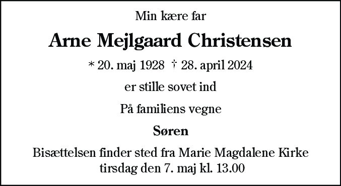Dødsannonce for Arne Mejlgaard Christensen