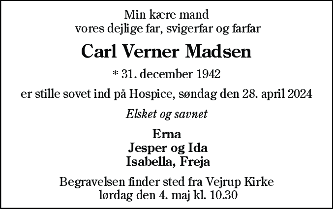 Dødsannonce for Carl Verner Madsen