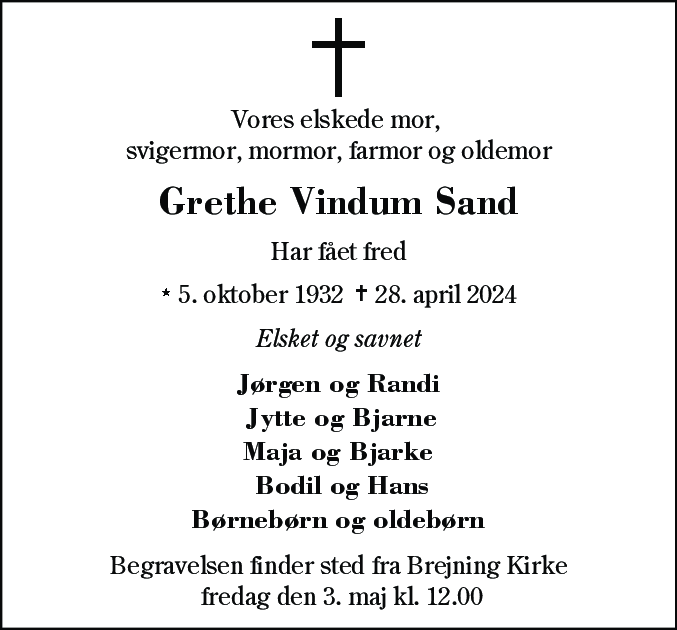 Dødsannonce for Grethe Vindum Sand