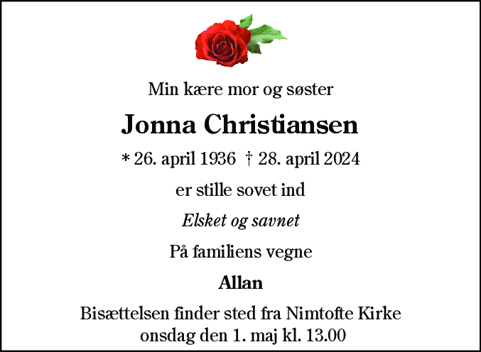 Dødsannonce for Jonna Christiansen
