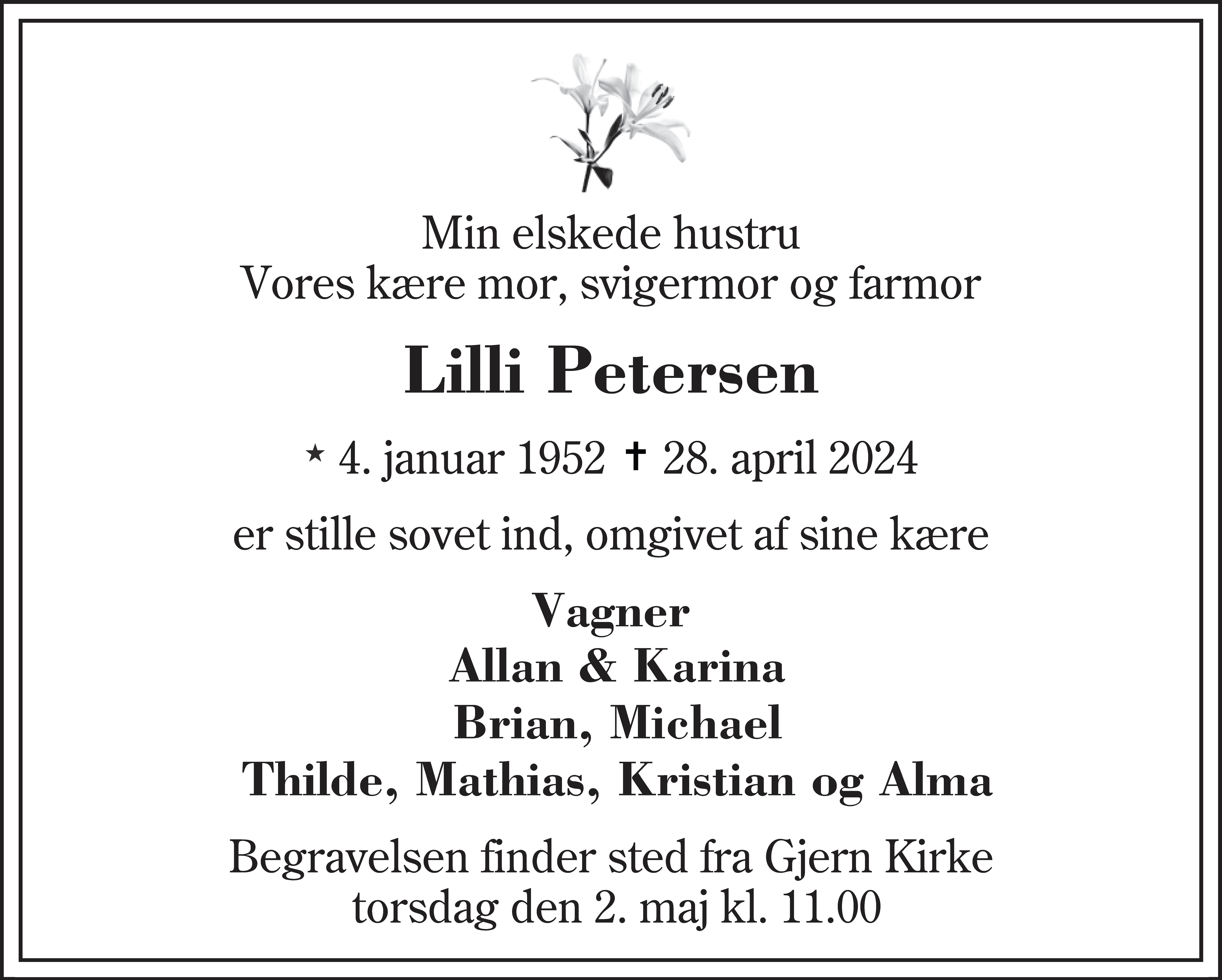 Dødsannonce for Lilli Petersen