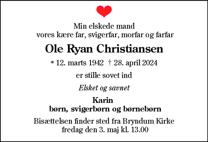 Dødsannonce for Ole Ryan Christiansen