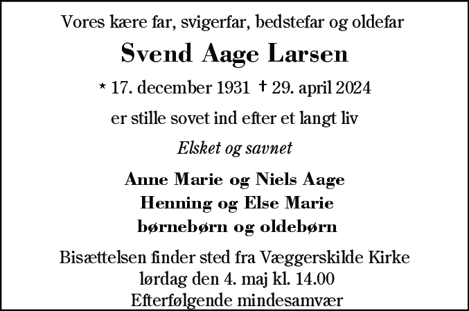 Dødsannonce for Svend Aage Larsen