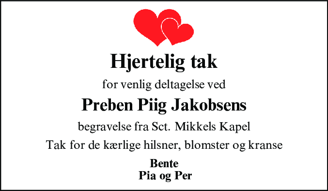 Dødsannonce for Preben Piig Jacobsen