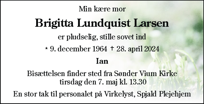 Dødsannonce for Brigitta Lundquist Larsen