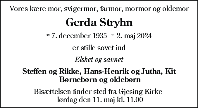 Dødsannonce for Gerda Stryhn