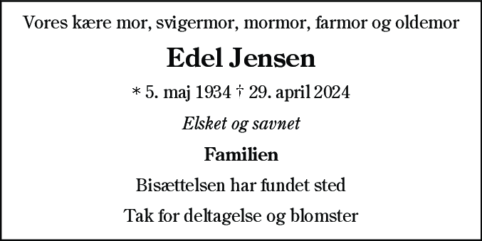 Dødsannonce for Edel Jensen