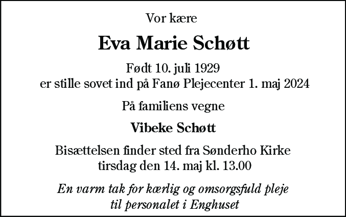 Dødsannonce for Eva Marie Schøtt