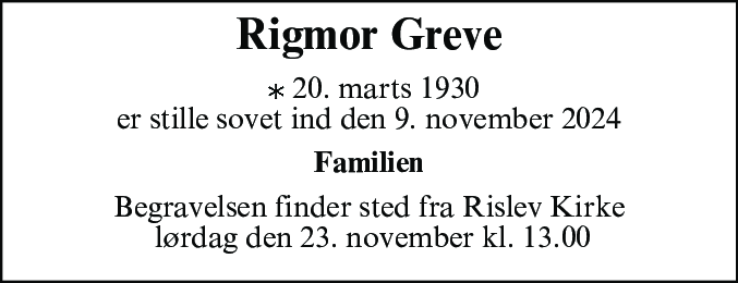 Dødsannonce for Rigmor Margrethe Greve