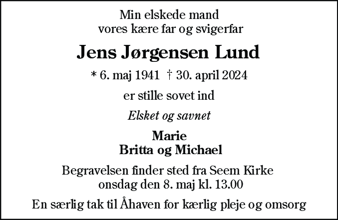 Dødsannonce for Jens Jørgensen Lund
