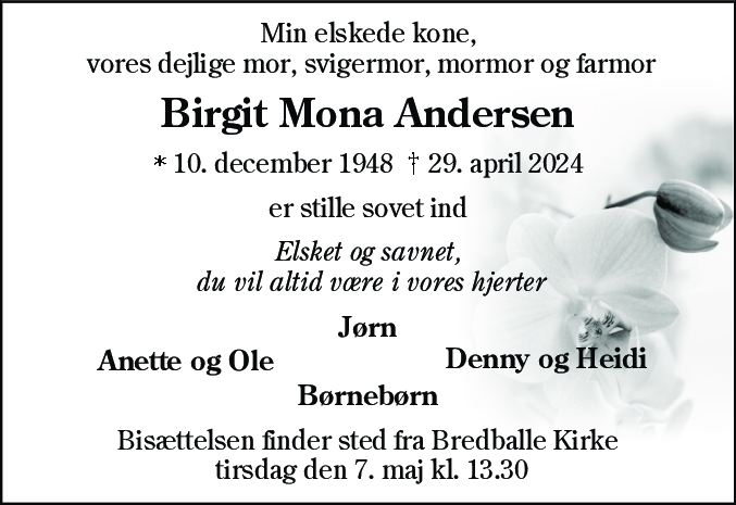 Dødsannonce for Birgit Mona Andersen