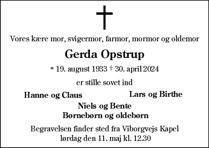 Dødsannonce for Gerda Opstrup