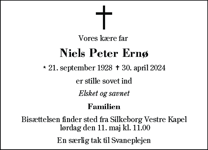 Dødsannonce for Niels Peter Ernø