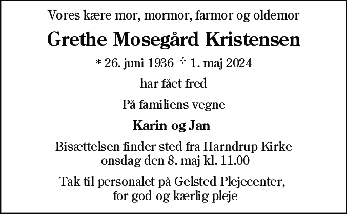 Dødsannonce for Grethe Mosegård Kristensen