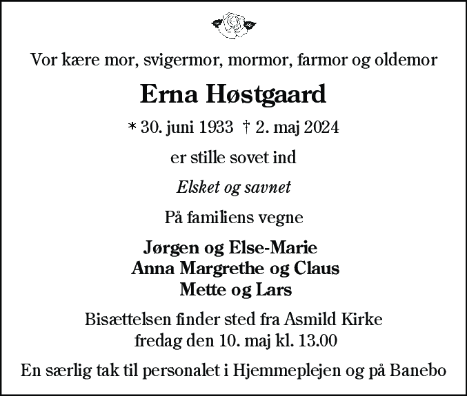 Dødsannonce for Erna Høstgaard