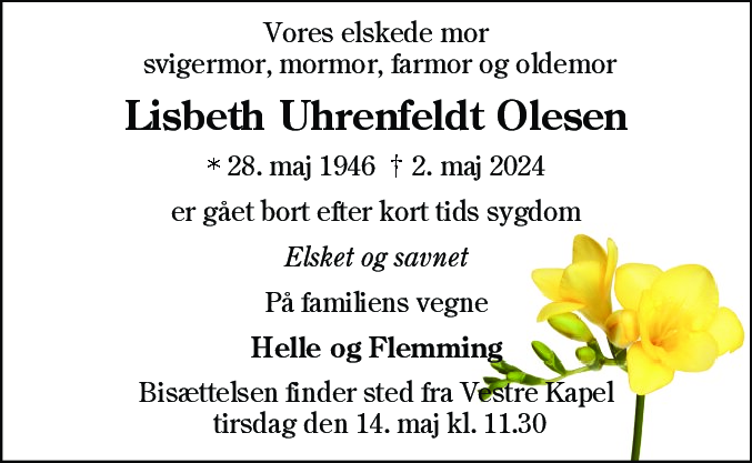 Dødsannonce for Lisbeth Uhrenfeldt Olesen