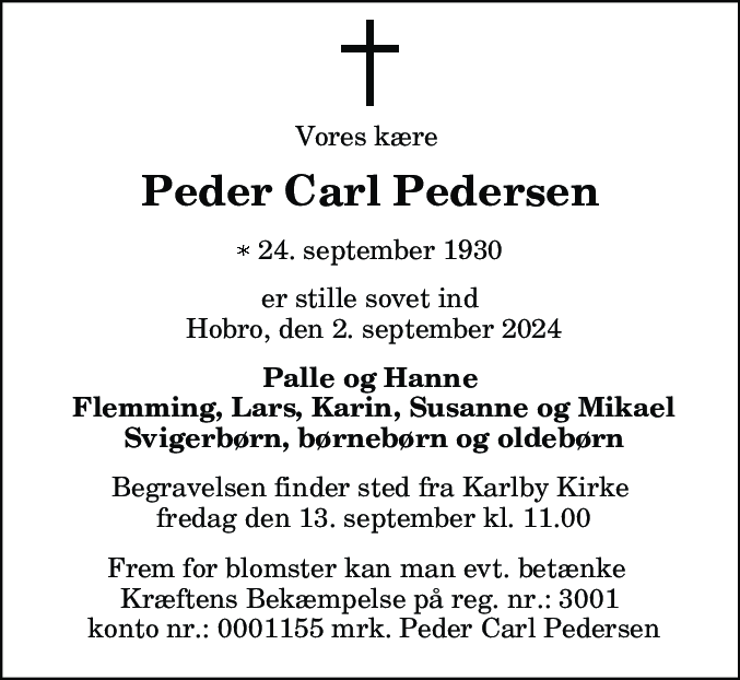 Dødsannonce for Peder Carl Pedersen