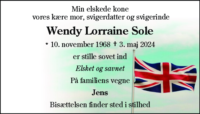 Dødsannonce for Wendy Lorraine Sole