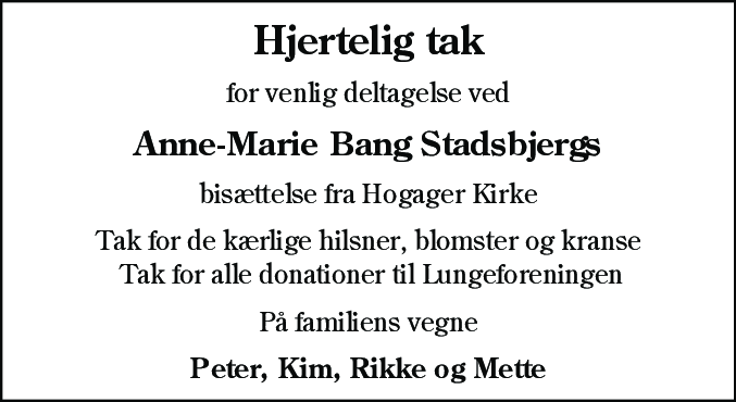 Dødsannonce for Anne-Marie Bang Stadsbjerg